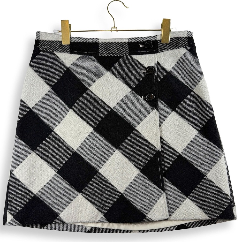 Ann Taylor LOFT Womens 6 Buffalo Plaid Wool Blend Wrap Mini Skirt Black White